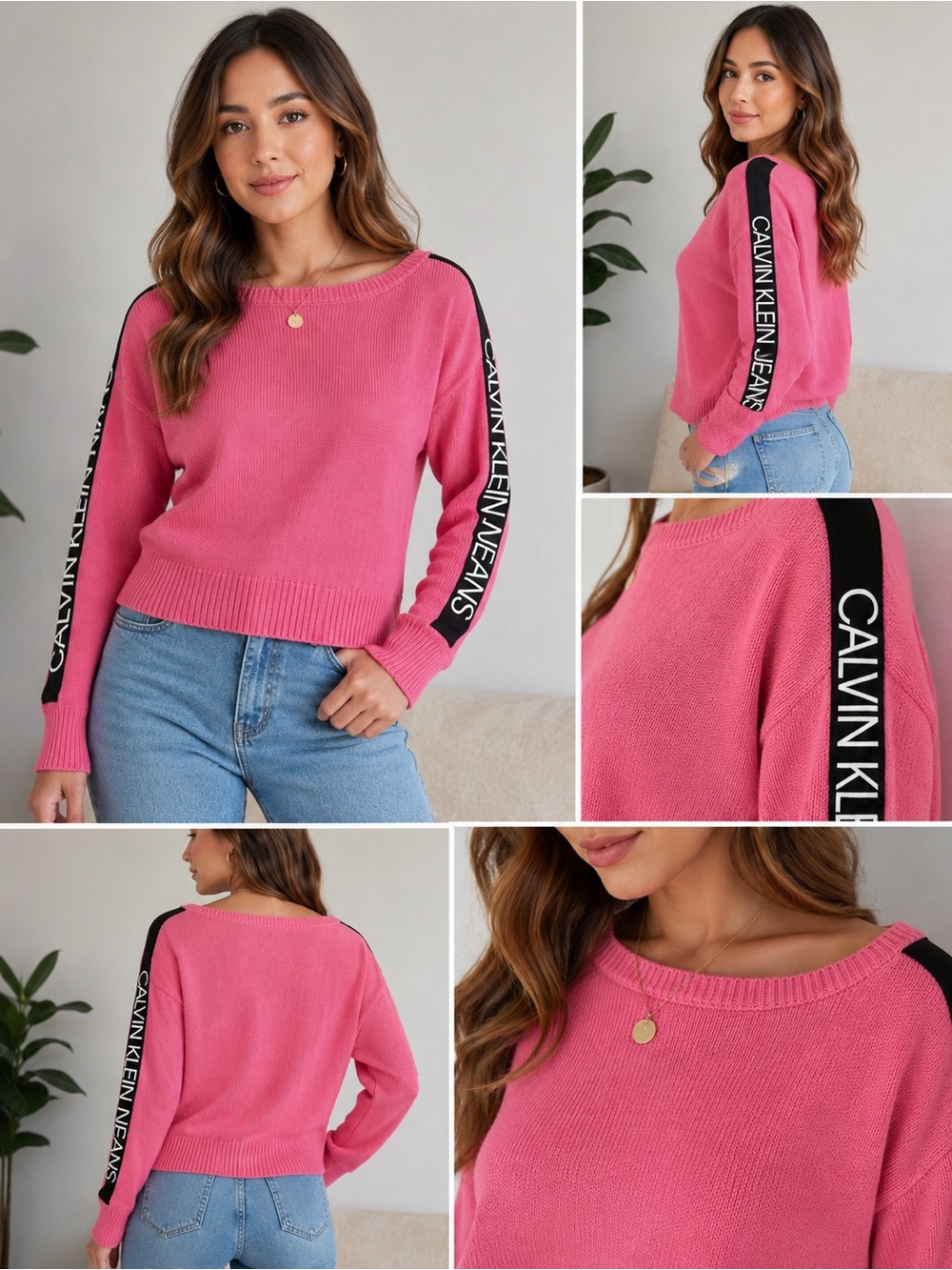 Calvin Klein Jeans Pink Crewneck Sweater with Black Logo Stripe